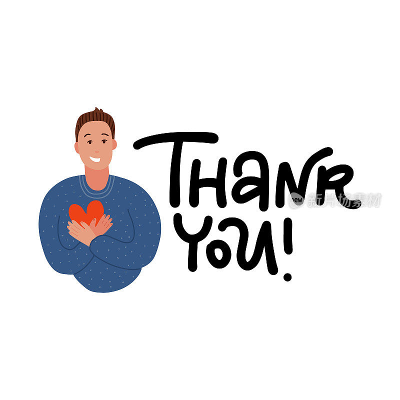 Young man keeping hands on chest and holding heart. Smiling friendly man expressing gratitude. Emotion and body language concept . Flat cartoon style vector illustration.